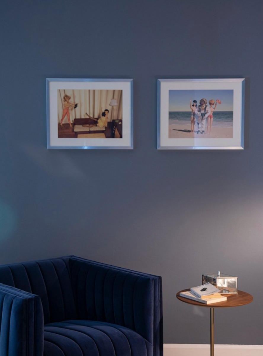 sexy bedroom cobalt blue velvet chair walls navy photographs in-home retreat darla powell interiors