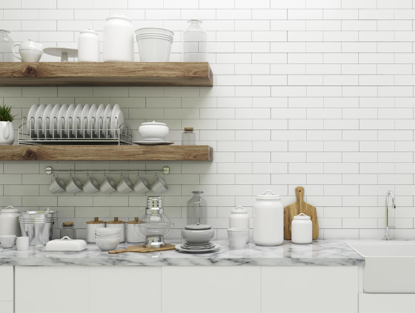 darla powell interiors kitchen renovation design inspiration white subway tile open shelving