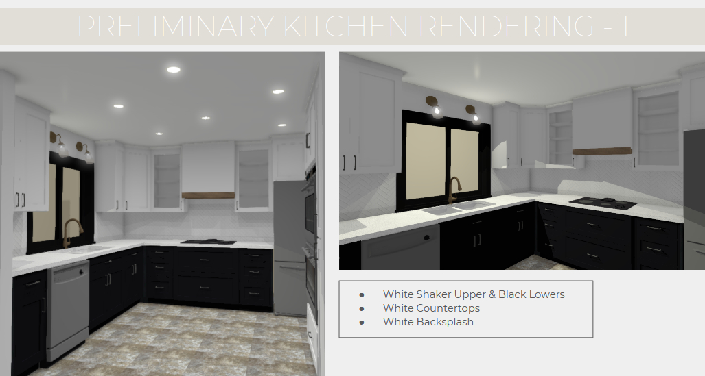 darla powell interiors kitchen rendering white shaker cabinets black lower