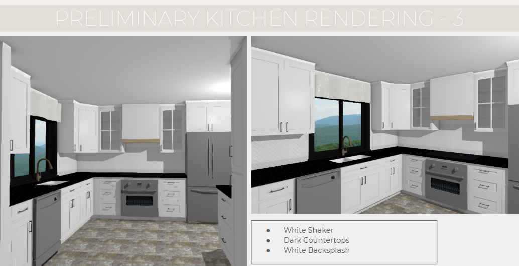 darla powell interiors kitchen rendering white shaker cabinets black counters