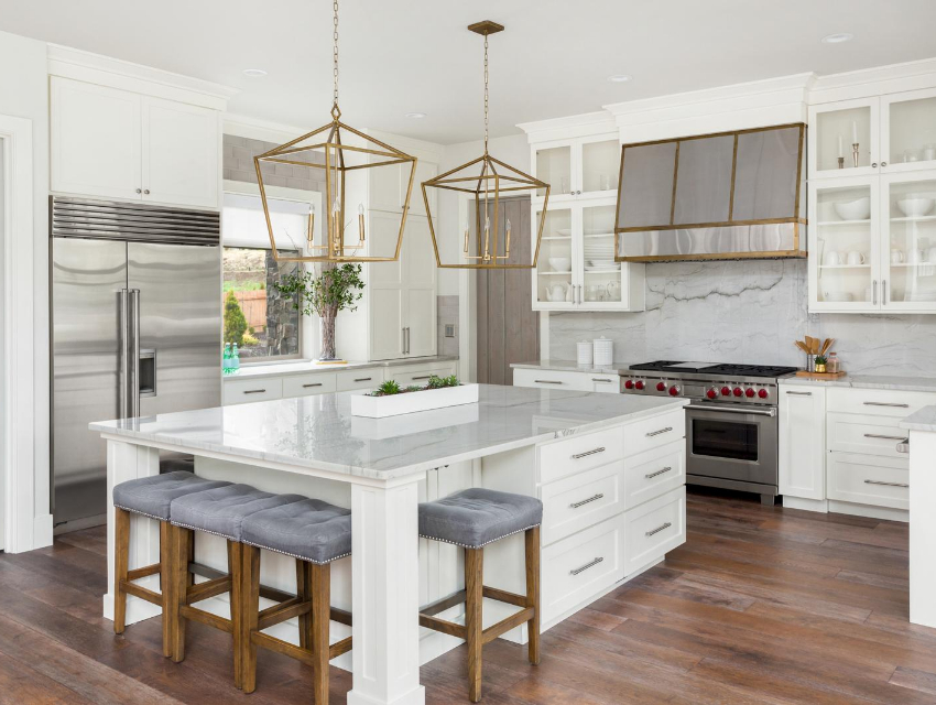 darla powell interiors kitchen renovation design inspiration white natural stone dramatic lighting