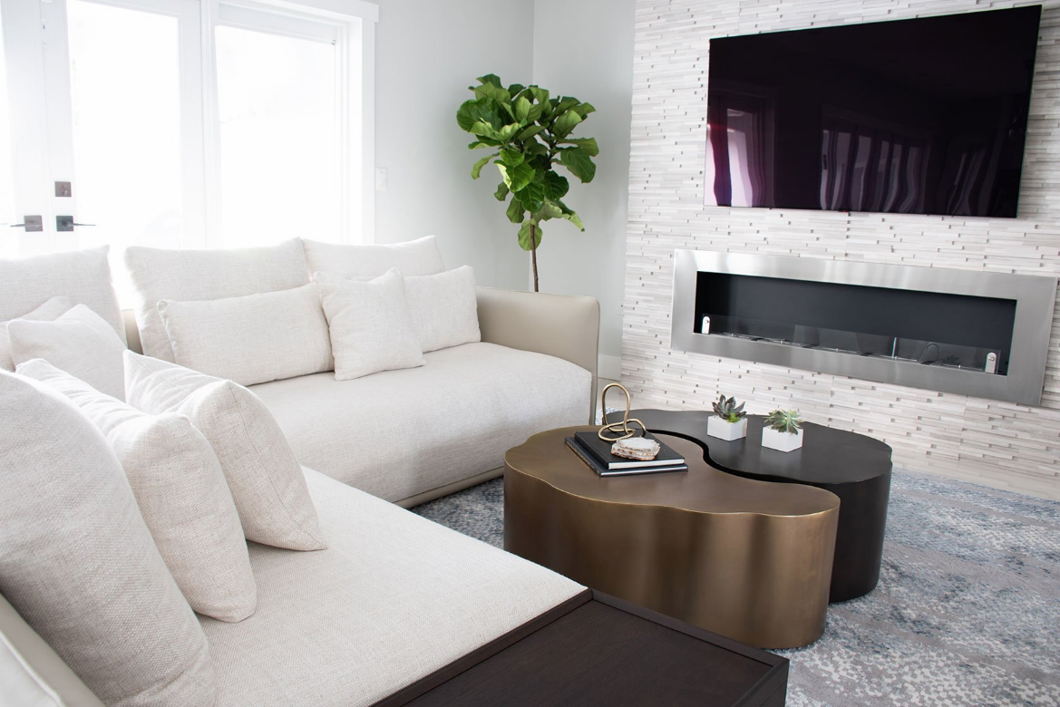 contemporary interior design black white sofa fireplace miami fl
